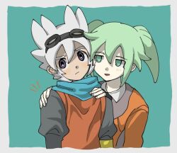 Rule 34 | bad source, confused, embarrassed, evanvanvavan, fei rune, green eyes, green hair, hands on another&#039;s arms, inazuma eleven (series), inazuma eleven go, inazuma eleven go chrono stone, looking at another, saryuu evan, seductive smile, smile