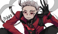 Rule 34 | 1boy, animification, apex legends, black gloves, black pants, crypto (apex legends), devil&#039;s advocate crypto, gloves, grey hair, jacket, looking at viewer, male focus, mole, mole under eye, nanahoshi (n h628), official alternate costume, open hand, open mouth, pants, red jacket, smile, solo, squatting, white background