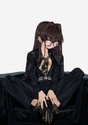 Rule 34 | 1girl, armchair, belt, black-framed eyewear, black footwear, black jacket, black pants, black shirt, blue eyes, blush, breasts, brown hair, chair, closed mouth, collared shirt, commentary, elisia valfelto, formal, french commentary, full body, glasses, grey background, hair intakes, highres, jacket, jacket on shoulders, long hair, long sleeves, looking at viewer, luicent, medium breasts, on chair, open clothes, original, pants, piercing, pinstripe pattern, shirt, shoe soles, shoes, simple background, sitting, solo, striped clothes, striped jacket, suit, vertical-striped clothes, vertical-striped jacket, very long hair