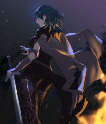 Rule 34 | 1girl, armor, ashiwara yuu, black coat, black shorts, blue eyes, blue hair, breasts, bustier, byleth (female) (fire emblem), byleth (fire emblem), cape, coat, fire, fire emblem, fire emblem: three houses, gauntlets, hair between eyes, highres, holding, holding weapon, lace, lace-trimmed legwear, lace trim, large breasts, pantyhose under shorts, medium hair, nintendo, pantyhose, patterned legwear, print pantyhose, shorts, sword, weapon