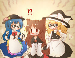 Rule 34 | !?, 3girls, animal ears, apron, arinu, black dress, blonde hair, blue hair, bow, braid, brooch, brown hair, dress, food, fruit, grin, hat, hat bow, hinanawi tenshi, imaizumi kagerou, jewelry, kirisame marisa, long sleeves, multiple girls, open mouth, peach, puffy short sleeves, puffy sleeves, shirt, short sleeves, single braid, smile, sunglasses, surprised, tail, thumbs up, touhou, waist apron, witch hat, wolf ears, wolf tail