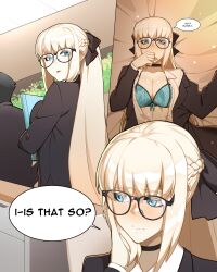 Rule 34 | 1girl, absurdres, black bow, black suit, blue bra, blue eyes, bow, bra, braid, breasts, choker, cleavage, fate/grand order, fate (series), formal, french braid, glasses, grey hair, hair bow, highres, hyperbudd, large breasts, long hair, long sleeves, looking at viewer, looking back, morgan le fay (fate), multiple views, ponytail, sidelocks, speech bubble, suit, underwear, very long hair