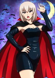 Rule 34 | 1girl, bat (animal), black cape, black dress, black gloves, blue eyes, cape, claw pose, commentary, crescent moon, dress, elbow gloves, fangs, frown, girls und panzer, gloves, half gloves, halloween, halloween costume, hand on own hip, highres, itsumi erika, looking at viewer, medium hair, moon, night, night sky, omachi (slabco), open mouth, outdoors, red cape, red pupils, short dress, silver hair, sky, solo, standing, strapless, strapless dress, two-sided cape, two-sided fabric, vampire costume