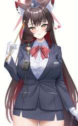 Rule 34 | absurdres, animal ears, blue archive, blush, brown hair, chisi, facing viewer, flag, fox ears, garrison cap, grey jacket, grey skirt, hair ribbon, halo, hat, head tilt, heart, highres, holding, holding flag, jacket, name tag, red ribbon, ribbon, shirt, simple background, skirt, three quarter view, wakamo (blue archive), white background, white shirt, yellow eyes