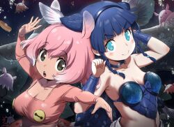 Rule 34 | &gt;:), 2girls, air bubble, animal, arms up, blue bow, blue bowtie, blue eyes, blue hair, blunt bangs, bow, bowtie, bracer, braid, braided sidelock, breasts, bubble, cleavage, closed mouth, coelacanth, coelacanth (kemono friends), collar, collarbone, creature and personification, cropped shirt, dark blue hair, fingernails, fins, fish, food, freediving, green eyes, head fins, ito yoki, japanese pancake devilfish (kemono friends), kemono friends, kemono friends 3, long hair, long sleeves, looking at viewer, medium breasts, medium hair, midriff, multicolored hair, multiple girls, open mouth, pancake, pink hair, pink shirt, shirt, side-by-side, side braid, smile, square neckline, stomach, strapless, submerged, tan, twin braids, two-tone hair, underwater, upper body, v-shaped eyebrows, very long hair