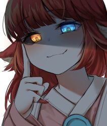 Rule 34 | 1girl, animal ears, blue eyes, blush, closed mouth, colored sclera, fang, glowing, glowing eyes, grey sclera, hanbok, head rest, heterochromia, highres, kaling (maplestory), korean clothes, long hair, looking at viewer, maplestory, red hair, rong (57383660), shaded face, shadow, smile, solo, white background, yellow eyes