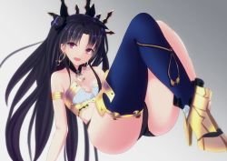 Rule 34 | 1girl, :d, armlet, arms at sides, ass, asymmetrical legwear, bare arms, bare legs, bare shoulders, black hair, black panties, black ribbon, blue thighhighs, blurry, breasts, cleavage, collar, collarbone, crown, depth of field, earrings, fate/grand order, fate (series), female focus, floating, gradient background, grey background, hair ornament, hair ribbon, high heels, hoop earrings, ishtar (fate), jewelry, kesoshirou, knees up, legs, levitation, long hair, looking at viewer, lying, midriff, on back, open mouth, panties, parted bangs, pink eyes, revealing clothes, ribbon, round teeth, single thighhigh, small breasts, smile, solo, strapless, teeth, thighhighs, thighlet, tohsaka rin, two side up, type-moon, underwear, uneven legwear, very long hair, yellow high heels