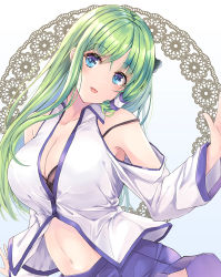 Rule 34 | 1girl, black bra, blue eyes, blue skirt, bra, breasts, cleavage, collared shirt, frog hair ornament, fule, green hair, hair ornament, head tilt, highres, kochiya sanae, large breasts, long hair, long sleeves, looking at viewer, navel, nontraditional miko, off-shoulder shirt, off shoulder, open mouth, shirt, simple background, skirt, smile, snake hair ornament, solo, standing, touhou, underwear, white background, wide sleeves