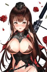 Rule 34 | 1girl, :d, ahoge, anti-materiel rifle, asymmetrical gloves, bare shoulders, between breasts, bipod, black bra, black hat, black panties, blast compensator, blunt bangs, blush, bolt-action rifle, bolt action, bra, breasts, brown eyes, brown hair, bullet, bullet casing, bullpup, cape, cartridge, commentary request, compensator, corset, dakimakura (medium), damaged, dsr-50, dsr-50 (girls&#039; frontline), elbow gloves, flower, garrison cap, girls&#039; frontline, gloves, grey shirt, gun, hair ornament, hat, korean commentary, large breasts, long hair, looking at viewer, lying, muzzle device, narae, necktie, necktie between breasts, on back, open mouth, panties, petals, red eyes, red flower, red rose, rifle, rose, rose petals, scope, shirt, simple background, single elbow glove, smile, sniper rifle, solo, suppressor, torn clothes, underwear, uneven gloves, unworn cape, very long hair, weapon, white background