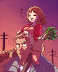Rule 34 | 10s, 1boy, 1girl, carrying, casual, closed eyes, food, fukuso hilbert kuukan, gamagoori ira, hands on another&#039;s head, height difference, kill la kill, mankanshoku mako, musical note, power lines, shoulder carry, star (sky), sunset, vegetable