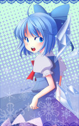 Rule 34 | 1girl, ahoge, bad id, bad pixiv id, blue eyes, blue hair, bow, cirno, colored eyelashes, hair bow, halftone, halftone background, looking back, matching hair/eyes, mimika (artist), mimika (puetilun), puetilun, short hair, snowflakes, solo, embodiment of scarlet devil, touhou, wings