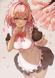 Rule 34 | 1girl, absurdres, ahoge, alternate costume, apron, arm behind back, black dress, black skirt, blurry, blurry background, bob cut, bow, bowtie, breasts, cat hair ornament, center frills, cherry blossoms, collared apron, dress, enmaided, finger to mouth, fingernails, frilled apron, frilled headwear, frilled sleeves, frills, glint, green eyes, hair between eyes, hair ornament, hairclip, highres, hololive, large breasts, long bangs, looking at viewer, maid, maid headdress, mito soosu, open mouth, pink hair, raised eyebrows, red bow, red bowtie, sakura miko, short sleeves, skirt, smile, solo, thighhighs, thighs, virtual youtuber, white apron, white headwear, white thighhighs
