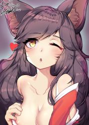 Rule 34 | 1girl, absurdres, ahri (league of legends), animal ears, areola slip, bare shoulders, bil-ajeossi, black background, breasts, cleavage, collarbone, dated, detached sleeves, facial mark, fox ears, heart, highres, korean clothes, large breasts, league of legends, long hair, looking at viewer, no bra, one eye closed, open mouth, outline, parted bangs, signature, simple background, slit pupils, solo, spoken heart, swept bangs, whisker markings, yellow eyes