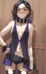 Rule 34 | 1girl, armpit crease, belt, black choker, black hair, black panties, blush, book, bracelet, breasts, brown eyes, choker, cleavage, commentary request, commission, cosplay, hair ornament, hairpin, highres, holding, holding book, jewelry, medium breasts, navel, panties, rinwell (tales), rourou ill, short hair, skeb commission, solo, sweat, swept bangs, symonne (tales), symonne (tales) (cosplay), tales of (series), tales of arise, tales of zestiria, underwear