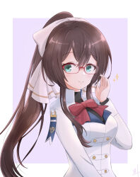 Rule 34 | 1girl, aqua eyes, artist name, assault lily, bespectacled, black shirt, border, bow, bowtie, breasts, brown bow, brown hair, buttons, closed mouth, commentary request, glasses, hair between eyes, hair bow, hand up, herensuge girls academy school uniform, high ponytail, inoguchi minto, jacket, light blush, long hair, long sleeves, looking at viewer, medium breasts, outside border, ponytail, purple background, red-framed eyewear, red bow, red bowtie, school uniform, serizawa chikaru, shirt, sidelocks, signature, simple background, smile, solo, sparkle, upper body, very long hair, white border, white jacket