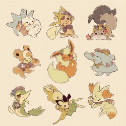 Rule 34 | apple, autumn leaves, beret, blue flower, bottle, brown hat, chespin, creatures (company), elephant, fennekin, flareon, flower, flower in mouth, food, fruit, game freak, gen 1 pokemon, gen 2 pokemon, gen 4 pokemon, gen 5 pokemon, gen 6 pokemon, gen 8 pokemon, hat, hat flower, holding, holding bottle, holding food, leavanny, maple syrup, mouth hold, nintendo, no humans, one eye closed, pachirisu, pancake, pancake stack, phanpy, pichu, plate, pokemon, pokemon (creature), simple background, skwovet, snivy, squirrel, teddiursa, yellow background, yellow flower, yurano (upao)