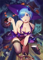 Rule 34 | 10s, 1girl, absurdres, alternate costume, black panties, blue eyes, blue hair, book, breasts, cleavage, dress, earrings, fishnets, flying, forest, full body, ghost, hair over one eye, hat, highres, horns, jewelry, large breasts, looking at viewer, marchtl7, nail polish, nature, night, outdoors, panties, pumpkin, re:zero kara hajimeru isekai seikatsu, rem (re:zero), shoes, short hair, sleeveless, sleeveless dress, underwear, witch, witch hat, yellow nails