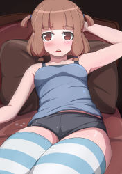 Rule 34 | 1girl, absurdres, bad id, bad pixiv id, bare arms, bare shoulders, bed, black shorts, blue shirt, blunt bangs, blush, breasts, brown eyes, brown hair, collarbone, drooling, hair tie, highres, looking at viewer, lying, medium breasts, on back, original, parted lips, pillow, saliva, shirt, short shorts, short twintails, shorts, sidelocks, solo, striped clothes, striped thighhighs, surio, tank top, teeth, thick thighs, thighhighs, thighs, twintails, upper teeth only