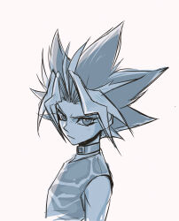 Rule 34 | 1boy, belt, belt collar, bright pupils, closed mouth, collar, expressionless, from side, gokunobaka, looking at viewer, male focus, monochrome, shirt, simple background, sketch, sleeveless, sleeveless shirt, solo, spiked hair, white background, white pupils, yami yugi, yu-gi-oh!, yu-gi-oh! duel monsters