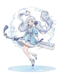 Rule 34 | 1girl, absurdres, baegbalbaegjung, blue dress, blue eyes, dress, floating, floating hair, folding fan, grey hair, hand fan, highres, long hair, looking at viewer, low twintails, open mouth, original, oversized object, shoes, short dress, sidelocks, smile, solo, twintails, white background