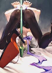 Rule 34 | 1boy, androgynous, ass, black hair, black leotard, bound, bound wrists, crossdressing, genshin impact, green hair, high heels, highres, leotard, looking at viewer, male focus, n.s.egg, pantyhose, polearm, purple ribbon, restrained, ribbon, shoe soles, shoes focus, skinny, solo, spear, stiletto heels, thighs, upside-down, weapon, xiao (genshin impact), yellow eyes