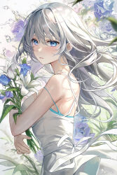 Rule 34 | 1girl, absurdres, aibek, bare shoulders, blue eyes, blue flower, blue rose, bouquet, breasts, dress, flower, from side, highres, holding, holding bouquet, lily (flower), long hair, looking at viewer, medium breasts, original, parted lips, rose, sleeveless, sleeveless dress, solo, spaghetti strap, upper body, very long hair, white dress, white hair