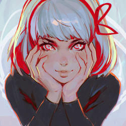 Rule 34 | 1girl, bad id, bad tumblr id, black shirt, blue hair, closed mouth, hair ribbon, hands on own cheeks, hands on own face, head in hand, ilya kuvshinov, long sleeves, looking at viewer, original, own hands together, red ribbon, ribbon, shirt, short hair, smile, solo, upper body