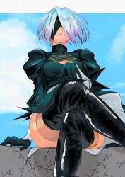 Rule 34 | 1girl, black blindfold, black dress, black footwear, black gloves, blindfold, bob cut, boots, breasts, cleavage, cleavage cutout, clothing cutout, crossed legs, dress, feet out of frame, gloves, hand on own knee, highres, juliet sleeves, long sleeves, medium breasts, nier:automata, nier (series), outdoors, puffy sleeves, short hair, sitting, smile, solo, temoc, thigh boots, white hair, 2b (nier:automata)