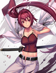 Rule 34 | 1girl, breasts, camisole, cleavage, collarbone, hair intakes, hair ribbon, highres, katana, large breasts, long hair, midriff, navel, open fly, pants, ponytail, purple hair, red camisole, red eyes, ribbon, smile, solo, sword, takanashi-a, under night in-birth, very long hair, weapon, yuzuriha (under night in-birth)