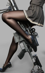 Rule 34 | 1girl, 3d, bipod, black pantyhose, commentary, commentary request, digiplant, feet, gun, highres, legs, loafers, lower body, magazine (weapon), original, pantyhose, pleated skirt, rifle, school uniform, scope, shoes, simple background, skirt, solo, thighs, uniform, weapon
