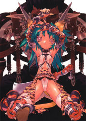 Rule 34 | animal ears, animal print, aqua hair, armpits, arms up, blade, blade (galaxist), blush, bracelet, cameltoe, cat ears, cat tail, detached sleeves, earrings, elbow gloves, fingerless gloves, fingernails, flat chest, gloves, green hair, highres, jewelry, kneeling, long fingernails, long hair, mask, nail, pointy ears, red eyes, scan, shoes, sneakers, solo, strap, tail, thighhighs, tiger print, torn clothes, white thighhighs