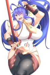Rule 34 | 1girl, antenna hair, backless outfit, bare shoulders, black pants, blazblue, blazblue: central fiction, blazblue variable heart, blue hair, bow, breasts, fingerless gloves, gloves, hair bow, halterneck, highres, holding, holding polearm, holding weapon, huge breasts, long hair, looking at viewer, lowleg, lowleg pants, mai natsume, midriff, natadekoko-zr, navel, one eye closed, open mouth, outseal, pants, polearm, purple eyes, red gloves, sideboob, sidelocks, solo, teeth, very long hair, weapon, yellow bow