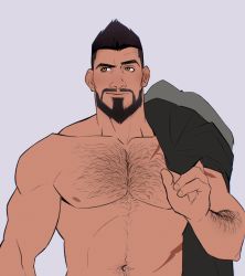 Rule 34 | 1boy, arm hair, bara, beard, black hair, brown eyes, chest hair, closed mouth, clothes on shoulders, facial hair, highres, male focus, mature male, muscular, muscular male, mustache, scar, seupil hyugo (spirohugo), short hair, smile, solo, the witcher (series), upper body, vesemir of kaer morhen