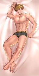 Rule 34 | 10s, 1boy, abs, arm up, barefoot, bed sheet, blonde hair, blue eyes, bulge, clenched hand, collarbone, dakimakura (medium), full body, granblue fantasy, grin, highres, looking at viewer, male focus, muscular, pectorals, sideburns, smile, solo, sweat, topless male, underwear, vane (granblue fantasy), yusa (usa kotobuki)