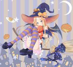 Rule 34 | 1girl, abigail williams (fate), alternate costume, bare shoulders, black bow, black footwear, blonde hair, blue bow, blue eyes, blue shirt, blue skirt, blue sleeves, blush, bow, broom, building, closed mouth, commentary request, crescent moon, crossed bandaids, detached sleeves, fate/grand order, fate (series), food, frilled shirt, frilled skirt, frills, full body, halloween, hat, hat bow, head tilt, high heels, highres, jack-o&#039;-lantern, licking lips, long hair, looking at viewer, mary janes, moon, pancake, pancake stack, parted bangs, plate, pleated skirt, print bow, puffy short sleeves, puffy sleeves, purple hat, sakazakinchan, shirt, shoes, short sleeves, skirt, smile, solo, star (symbol), star print, striped background, striped clothes, striped thighhighs, thighhighs, tongue, tongue out, vertical stripes, very long hair, witch hat