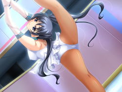 Rule 34 | 1girl, blue eyes, blue hair, breasts, elbow gloves, covered erect nipples, figure skating, game cg, gloves, ice skating, large breasts, legs up, leotard, long hair, matching hair/eyes, pantyhose, skating, skirt, smile, solo, standing, sweat, twintails