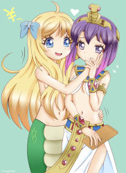 Rule 34 | 2girls, ahoge, blonde hair, blue eyes, blush, bow, breasts, closed mouth, egyptian clothes, green background, hair bow, hair ornament, hand on another&#039;s hip, hug, jashin-chan, jashin-chan dropkick, lamia, long hair, medusa (jashin-chan dropkick), monster girl, multiple girls, navel, open mouth, purple eyes, purple hair, short hair, simple background, small breasts, smile, variangel, yuri
