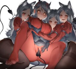 Rule 34 | 4girls, :p, absurdres, animal ears, aochoku, black horns, black legwear, black tail, blush, breasts, cerberus (helltaker), cheek squash, convenient censoring, demon girl, demon horns, demon tail, dog ears, dog girl, drooling, fang, feet, gloves, grey hair, groin, groping, hand on another&#039;s chest, hand on another&#039;s leg, heart, heart-shaped pupils, helltaker, highres, horns, hugging own legs, large breasts, long hair, looking at viewer, matching outfits, modeus (helltaker), multiple girls, open mouth, panties, pantyhose, red eyes, red legwear, red shirt, ribbed shirt, shirt, simple background, skin tight, smile, symbol-shaped pupils, tail, tail censor, tongue, tongue out, triplets, underwear, waistcoat, wavy mouth, white background, white panties