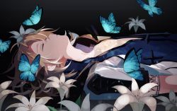 Rule 34 | 1boy, albedo (genshin impact), bad id, bad pixiv id, blonde hair, blue butterfly, bug, butterfly, closed eyes, flower, genshin impact, highres, insect, lying, male focus, on back, parted lips, solo, too many, too many butterflies, white background, white flower, yoko (nz g)