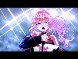 Rule 34 | 1girl, casual, choker, geema-geema, highres, hololive, hololive english, jacker, letterboxed, light, long hair, microphone, microphone stand, mori calliope, music, off shoulder, open mouth, pink eyes, pink hair, ponytail, singing, solo, upper body, virtual youtuber