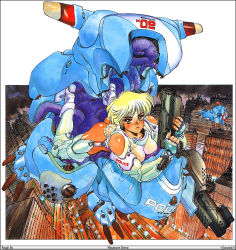 Rule 34 | 1980s (style), 1girl, appleseed, armor, ass, blonde hair, deunan knute, highres, intron depot, mecha, oldschool, power armor, retro artstyle, robot, shirou masamune, solo, traditional media, weapon, yellow eyes