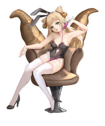 Rule 34 | 1girl, alcohol, animal ear hairband, animal ears, asymmetrical bangs, black footwear, black hairband, black leotard, blonde hair, breasts, cone hair bun, covered navel, cup, curled horns, double bun, drinking glass, fake animal ears, frilled leotard, frills, full body, green eyes, green nails, groin, hair bun, hairband, head tilt, high heels, highres, horns, leotard, long hair, looking at viewer, medium breasts, nail polish, nnn (nonightnomad), original, parted lips, playboy bunny, pouring, pouring onto self, pumps, rabbit ear hairband, rabbit ears, side up bun, simple background, sitting, solo, strapless, strapless leotard, thighhighs, white background, white thighhighs, wine, wine glass