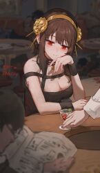 Rule 34 | 1girl, absurdres, bare shoulders, blood, blood on clothes, blood on face, breasts, brown hair, cleavage, cup, dress, highres, looking at viewer, medium breasts, red eyes, sentter, sitting, solo, spy x family, yor briar