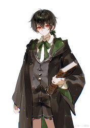 Rule 34 | 1boy, :|, absurdres, aged down, ayn alwyn, black coat, black hair, black shorts, black vest, book, child, closed mouth, coat, collared shirt, cowboy shot, crossed bangs, green coat, green ribbon, hair between eyes, hair ribbon, highres, holding, holding book, hood, hood down, hooded coat, long sleeves, looking at viewer, lovebrush chronicles, low ponytail, male focus, medium hair, neck ribbon, open clothes, open coat, red eyes, ribbon, school uniform, shirt, shorts, simple background, solo, standing, two-sided coat, two-sided fabric, v-shaped eyebrows, vest, weibo logo, weibo watermark, white background, white shirt, wide sleeves, yichuan tengli