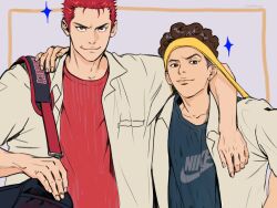 Rule 34 | 2boys, arm on another&#039;s shoulder, black eyes, closed mouth, earrings, jewelry, looking at viewer, male focus, miyagi ryouta, multiple boys, nike (company), pompadour, red shirt, sakuragi hanamichi, sappali2, shirt, slam dunk (series), smile, sparkle, stud earrings, v-shaped eyebrows