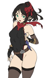 Rule 34 | 1girl, bare shoulders, black hair, black leotard, breasts, bridal gauntlets, brown thighhighs, cameltoe, cleft of venus, copyright request, dagger, fang, green eyes, highleg, highleg leotard, holding, holding dagger, holding knife, holding weapon, houtengeki, knife, leotard, looking at viewer, medium hair, ninja, open mouth, original, pointy ears, ponytail, red scarf, reverse grip, scarf, simple background, small breasts, solo, standing, thighhighs, weapon, white background