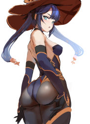 Rule 34 | 1girl, absurdres, ass, back, bare shoulders, black gloves, black hair, blue hat, blue leotard, bodystocking, breasts, brown pantyhose, choker, detached sleeves, elbow gloves, genshin impact, gloves, gold trim, green eyes, hat, hat ornament, highleg, highleg leotard, highres, huge ass, ipuu (el-ane koubou), leotard, long hair, looking at viewer, looking back, medium breasts, mona (genshin impact), open mouth, pantyhose, simple background, solo, thighlet, thighs, twintails, white background, witch hat