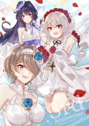 Rule 34 | 2502077177, 3girls, :d, armpits, bare shoulders, blue flower, blue rose, brown hair, closed mouth, dress, flower, gloves, hair between eyes, hair ornament, hair over one eye, honkai (series), honkai impact 3rd, legs up, long hair, looking at viewer, mole, mole under eye, multiple girls, open mouth, petals, purple eyes, purple flower, purple hair, purple rose, raiden mei, raiden mei (valkyrie bladestrike), red eyes, red rope, rita rossweisse, rita rossweisse (artemis), rope, rose, short hair, smile, theresa apocalypse, theresa apocalypse (luna kindred), wedding dress, white dress, white gloves, white hair