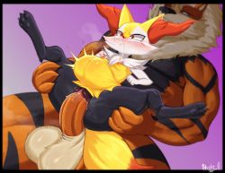 Rule 34 | 1boy, 1girl, animal ears, animal feet, animal nose, arcanine, artist name, bad id, bad twitter id, barefoot, black border, black fur, blank eyes, blurry, blurry background, blush, blushi 0, body fur, border, braixen, breasts, breath, claws, clenched hands, clitoral hood, clitoris, closed mouth, commission, completely nude, constricted pupils, cowboy shot, creatures (company), crying, drooling, dutch angle, erection, feet, full body, furry, furry female, furry male, game freak, gen 1 pokemon, gen 6 pokemon, gradient background, held up, hetero, highres, inflation, interspecies, large penis, multicolored fur, muscular, muscular male, navel, nintendo, nipples, nose blush, nude, orange fur, pawpads, penis, personification, pokemon, pokemon (creature), puffy cheeks, purple background, pussy, pussy juice, red eyes, saliva, sex, signature, simple background, size difference, small breasts, snout, spread legs, standing, steam, steaming body, stomach bulge, tears, testicles, thick thighs, thighs, tiger boy, tiger ears, uncensored, white eyes, white fur, yellow fur