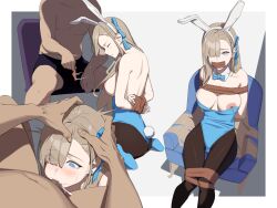 Rule 34 | 1boy, 1girl, animal ears, arms behind back, asuna (blue archive), asuna (bunny) (blue archive), black pantyhose, blue archive, blue eyes, blue footwear, blue leotard, bound, bound legs, bound wrists, bow, bowtie, breasts, closed eyes, commission, cum, cum in mouth, deepthroat, detached collar, fake animal ears, fake tail, fellatio, gag, hair over one eye, hair ribbon, hands on another&#039;s head, hetero, highres, improvised gag, large breasts, leotard, light brown hair, long hair, multiple views, nipples, no halo, oral, pantyhose, pixiv commission, playboy bunny, rabbit ears, rabbit tail, ribbon, shoes, simple background, sitting, strapless, strapless leotard, tail, tape, tape gag, tears, traditional bowtie, very long hair, yoroshinbo